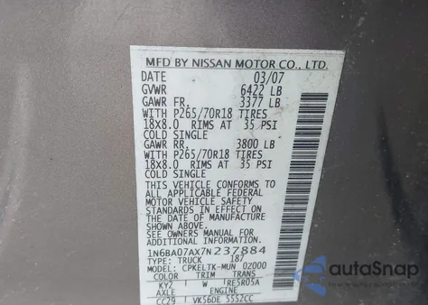 2007 Nissan Titan Se from USA, damaged, VIN 1N6BA07AX7N237884